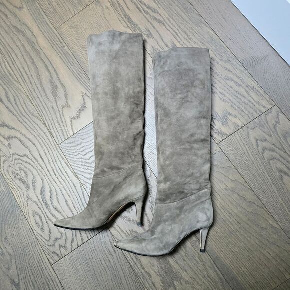 Tamara Mellon Icon 75 Knee High Nappa Suede Heeled Slouch Boot in Moss Gray - Picture 10 of 14